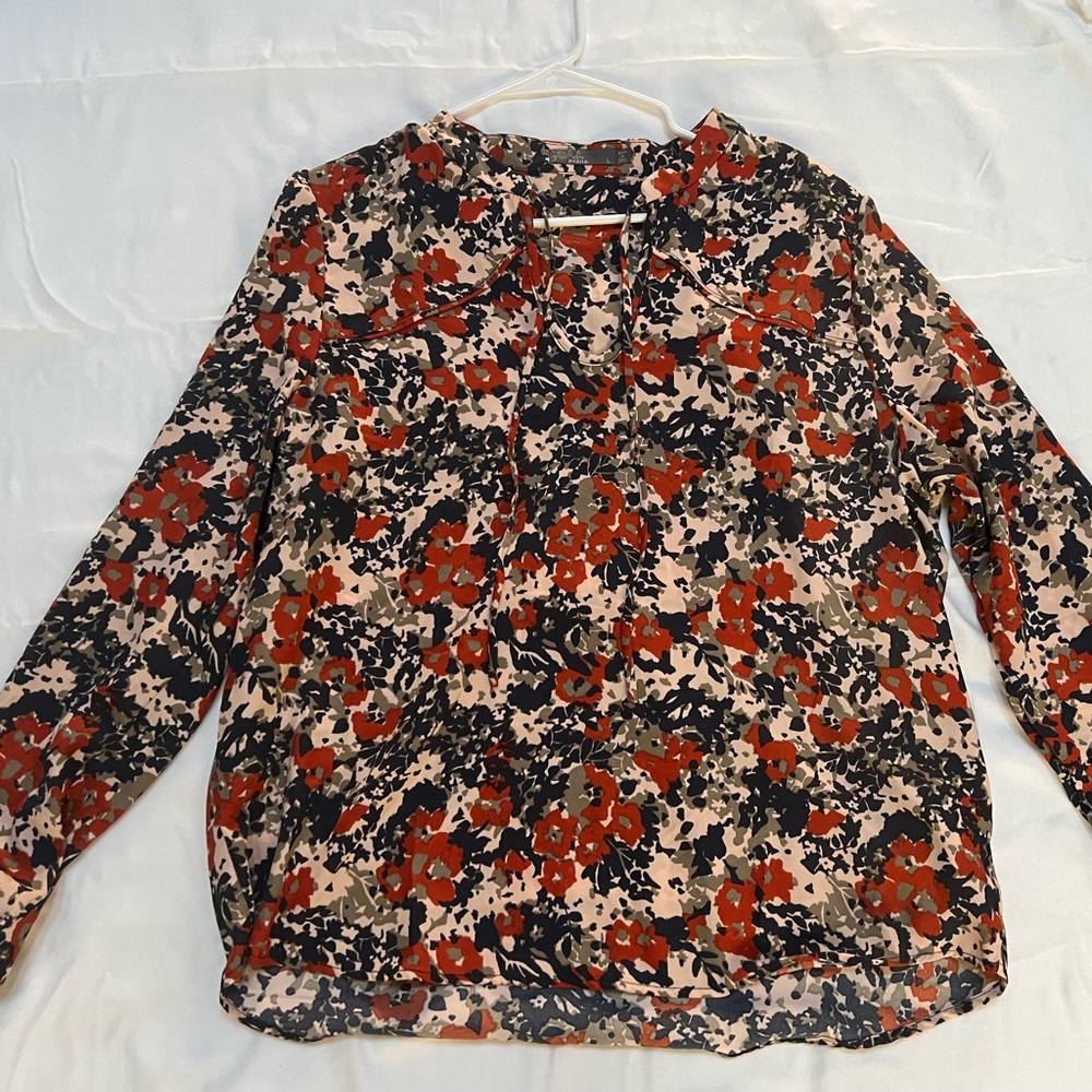 Floral Button Blouse-Blue and Orange